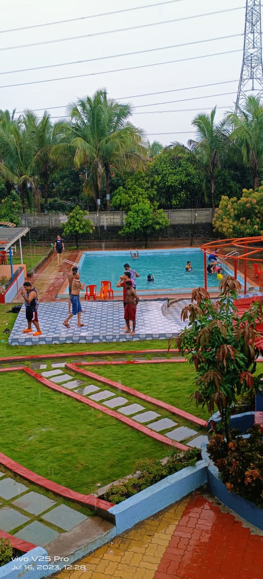 Pool and landscaped lawn viewed from above